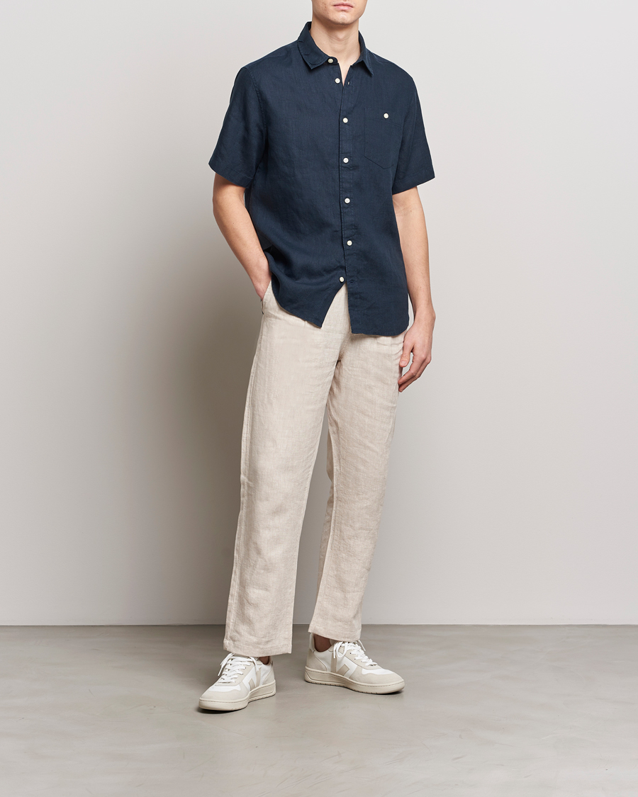 Hombres | Camisas | KnowledgeCotton Apparel | Regular Short Sleeve Linen Shirt Total Eclipse
