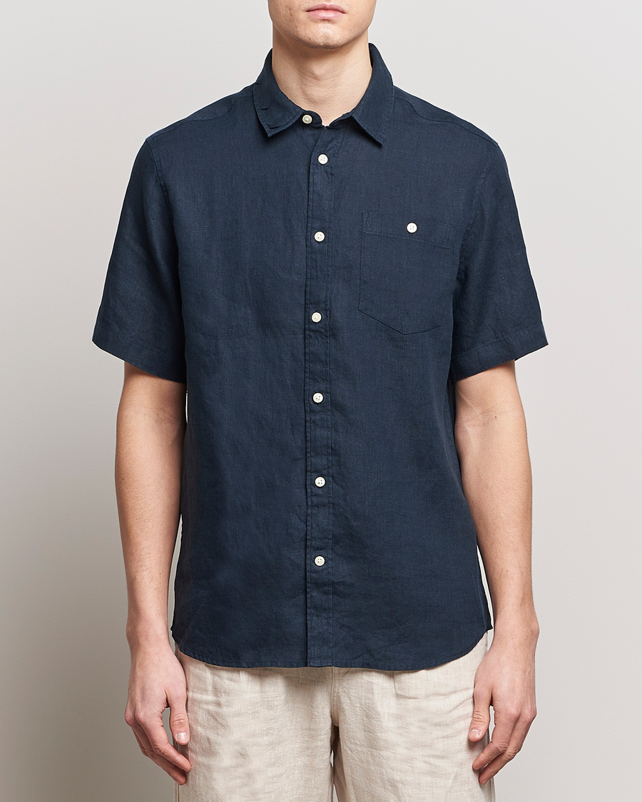 Hombres | Camisas | KnowledgeCotton Apparel | Regular Short Sleeve Linen Shirt Total Eclipse