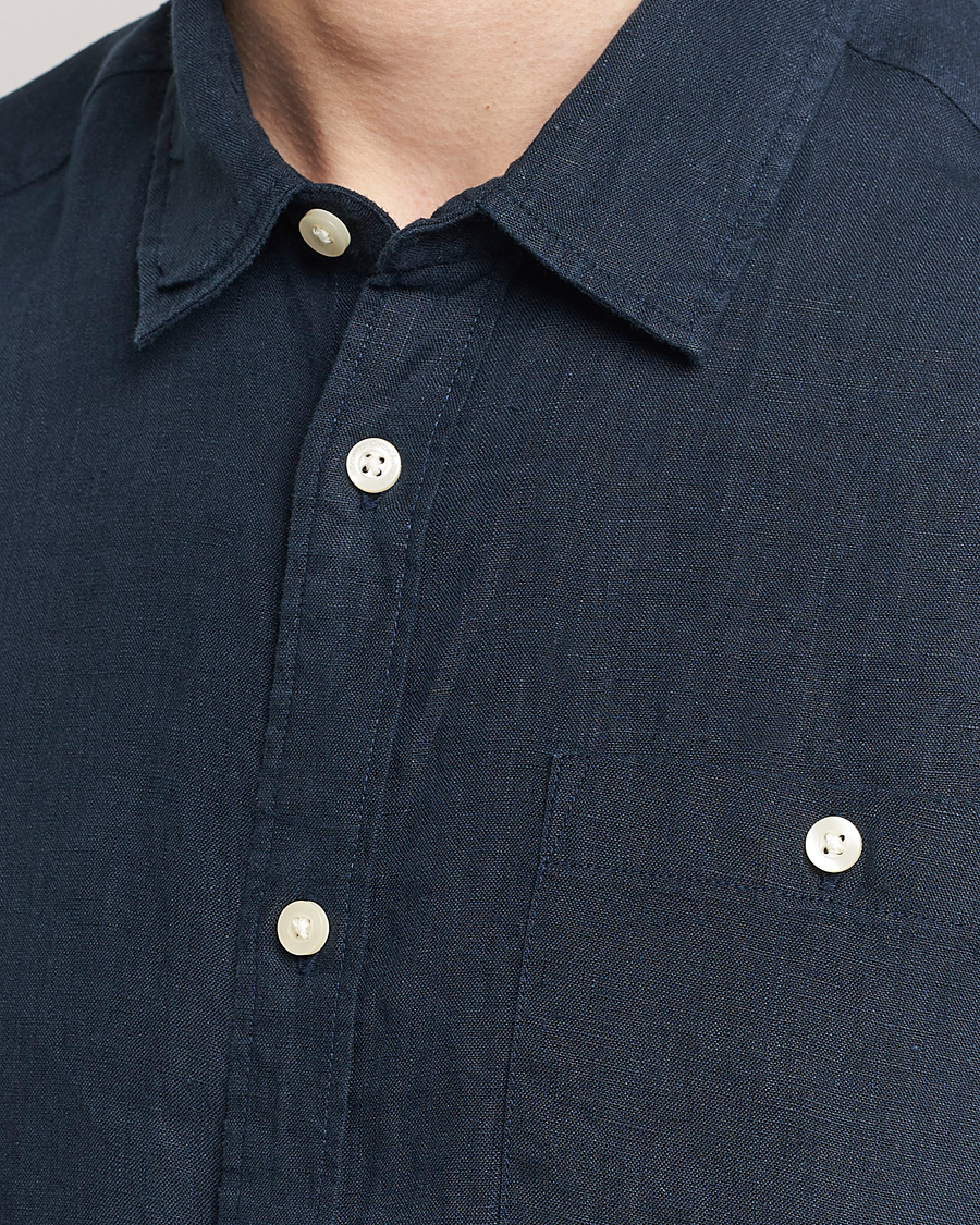 Hombres | Camisas | KnowledgeCotton Apparel | Regular Short Sleeve Linen Shirt Total Eclipse
