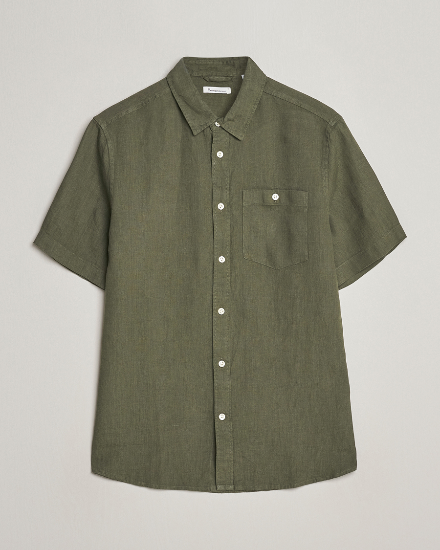 Hombres | Camisas | KnowledgeCotton Apparel | Regular Short Sleeve Linen Shirt Burned Olive