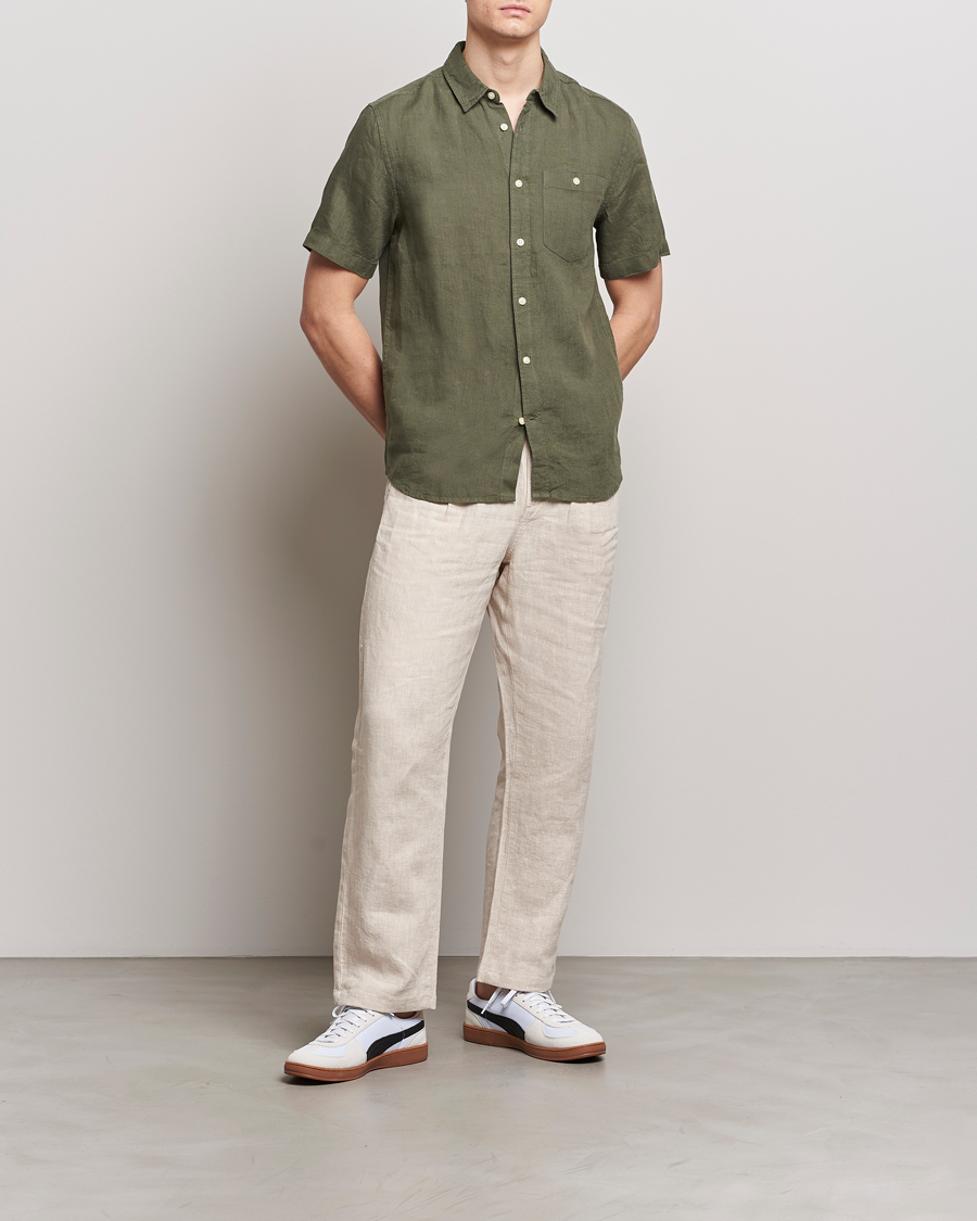 Hombres | Camisas | KnowledgeCotton Apparel | Regular Short Sleeve Linen Shirt Burned Olive