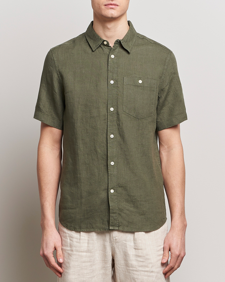 Hombres | Camisas | KnowledgeCotton Apparel | Regular Short Sleeve Linen Shirt Burned Olive