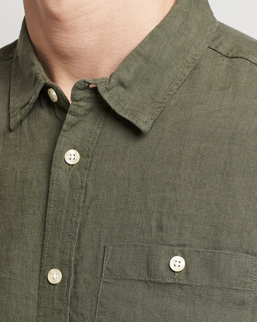 Hombres | Camisas | KnowledgeCotton Apparel | Regular Short Sleeve Linen Shirt Burned Olive
