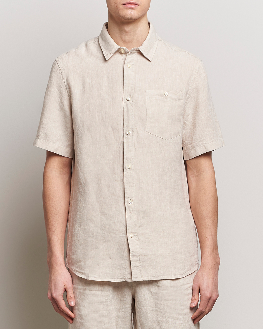 Hombres |  | KnowledgeCotton Apparel | Regular Short Sleeve Linen Shirt Yarndyed Beige