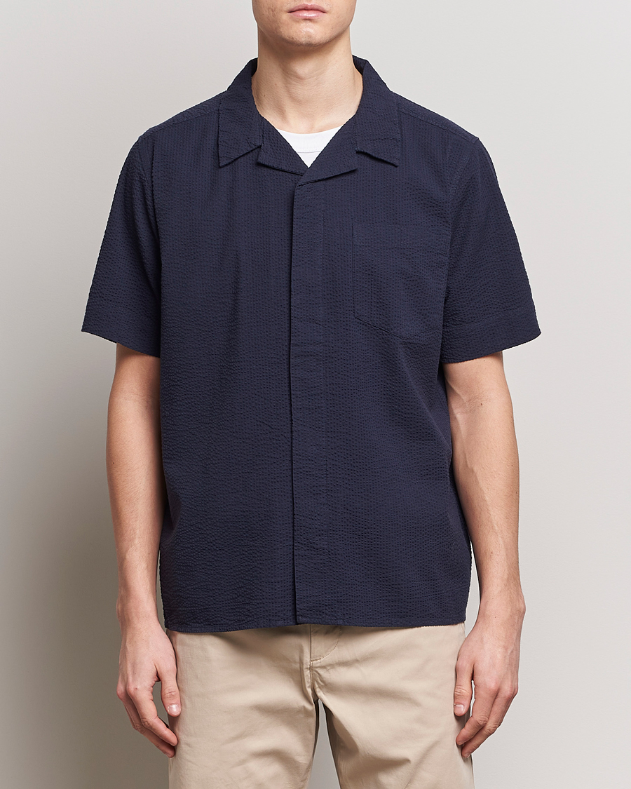 Hombres | Camisas | KnowledgeCotton Apparel | Short Sleeve Seersucker Shirt Night Sky