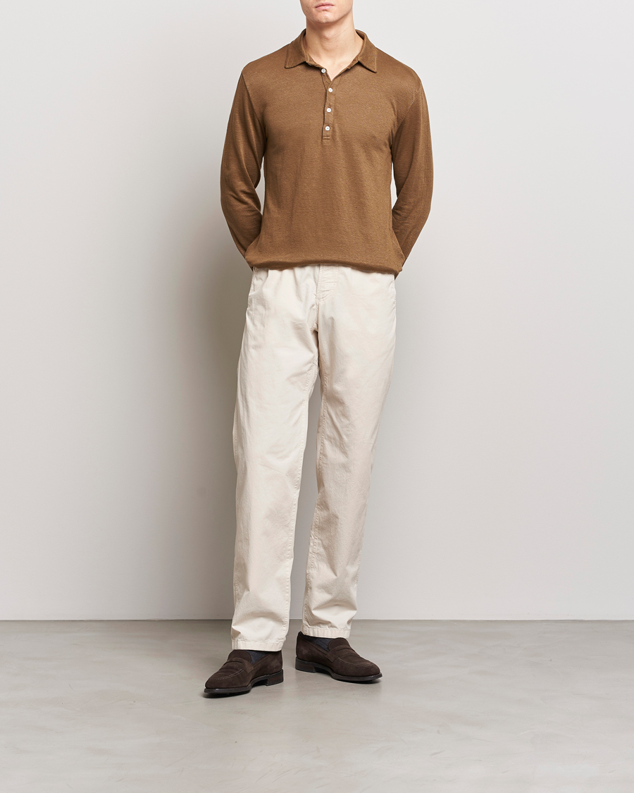 Hombres | Jerséis y prendas de punto | Massimo Alba | Raya Long Sleeve Linen Polo Brown