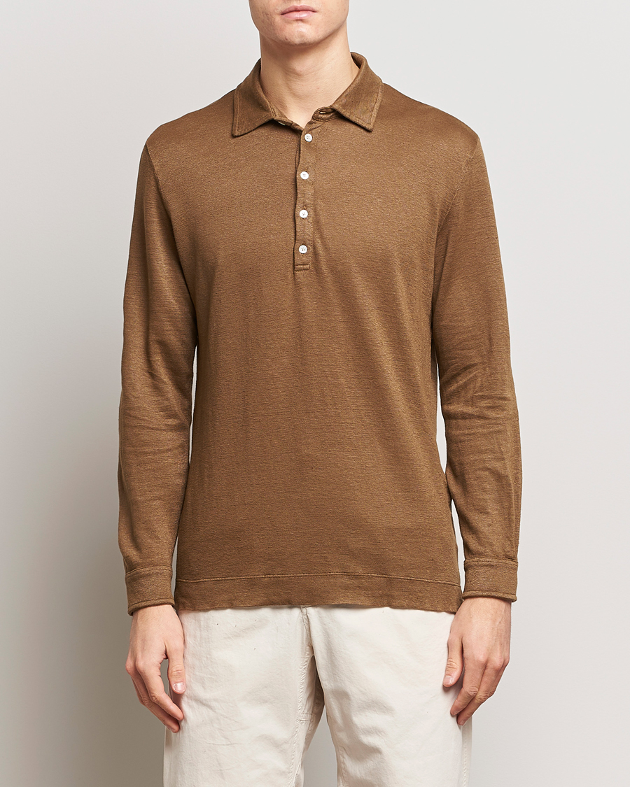 Hombres | Camisas polo de manga larga | Massimo Alba | Raya Long Sleeve Linen Polo Brown
