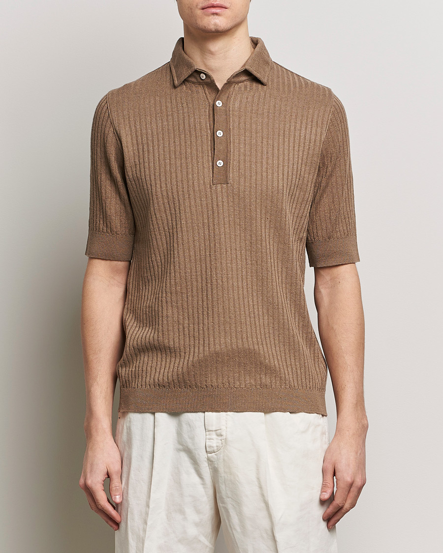 Hombres | Polos | Lardini | Structured Linen/Cotton Polo Brown