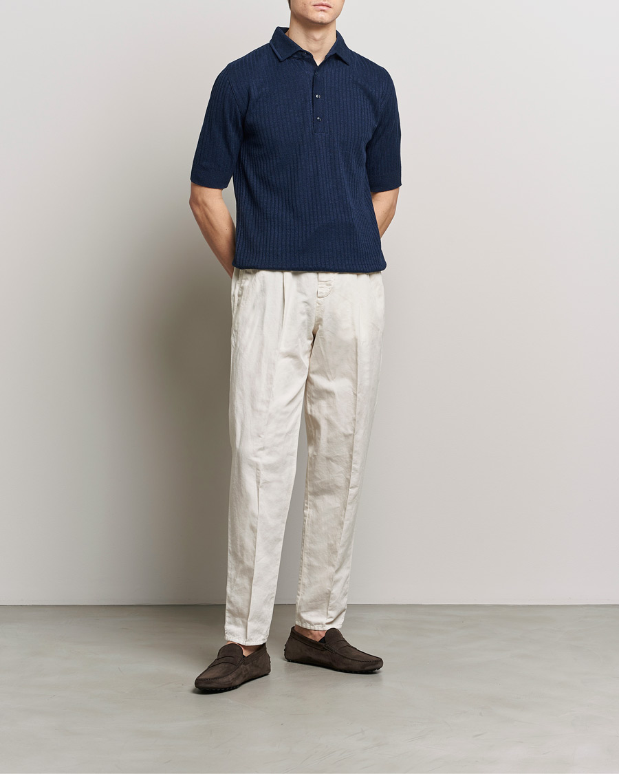 Hombres | Polos | Lardini | Structured Linen/Cotton Polo Navy