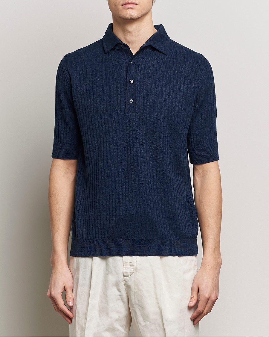 Hombres | Polos | Lardini | Structured Linen/Cotton Polo Navy