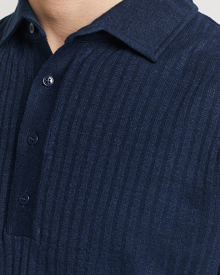 Hombres | Polos | Lardini | Structured Linen/Cotton Polo Navy