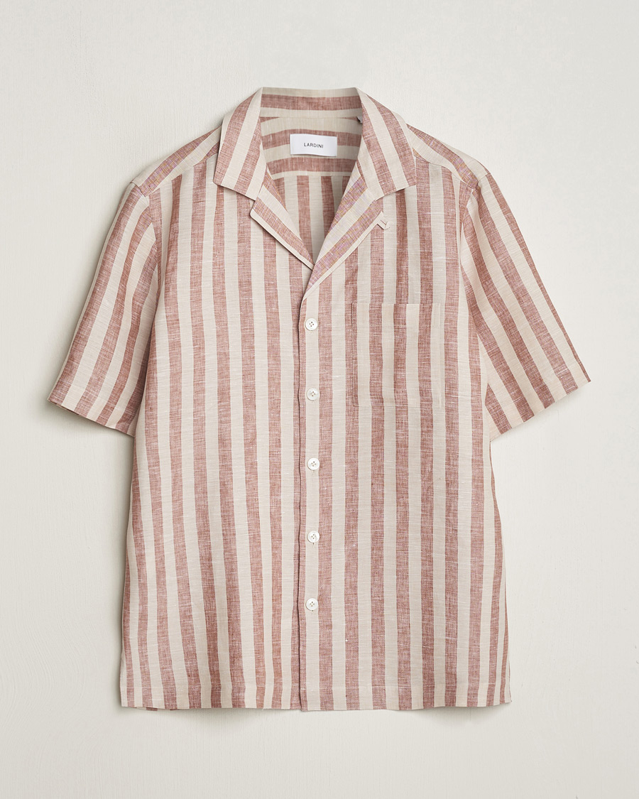 Hombres | Camisas | Lardini | Striped Short Sleeve Linen Shirt Beige/Red