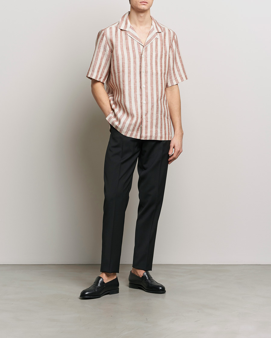 Hombres | Camisas | Lardini | Striped Short Sleeve Linen Shirt Beige/Red