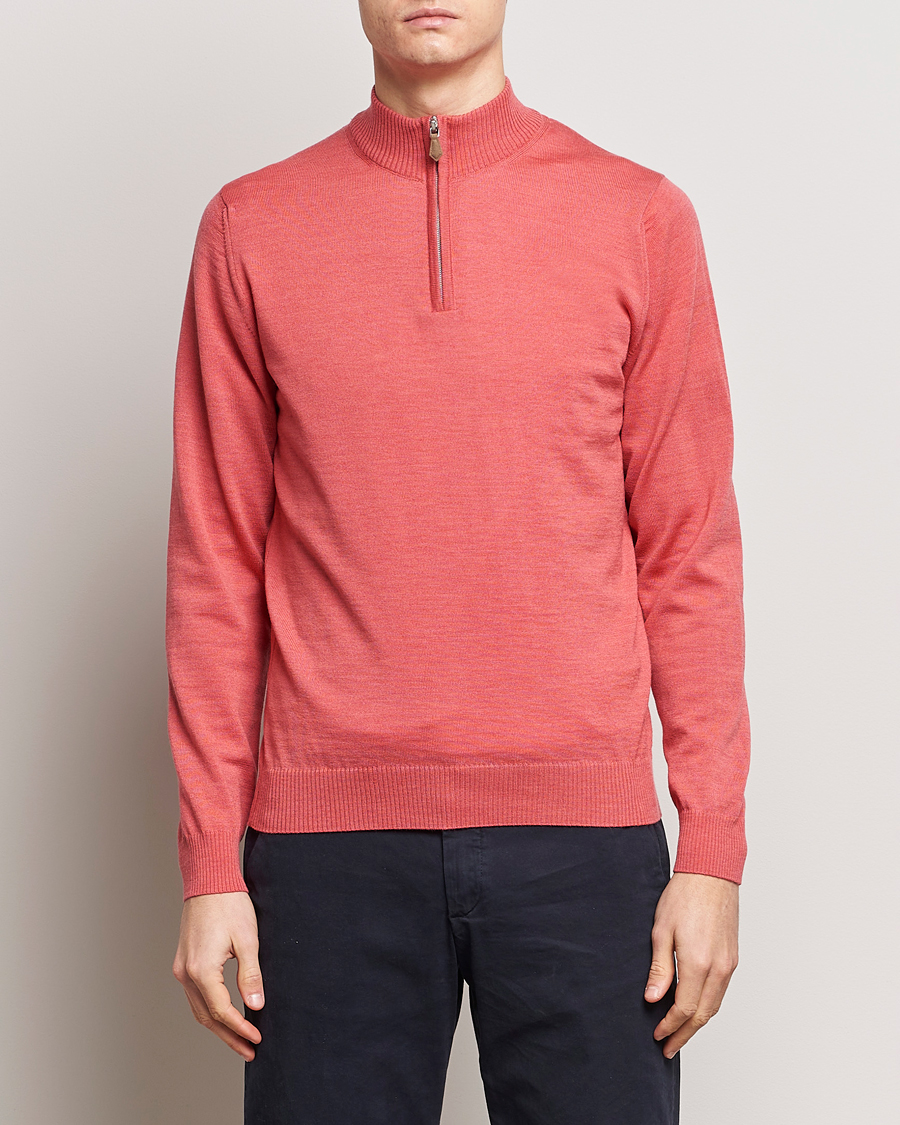 Hombres | Jerséis y prendas de punto | Stenströms | Merino Wool Half Zip Coral Red