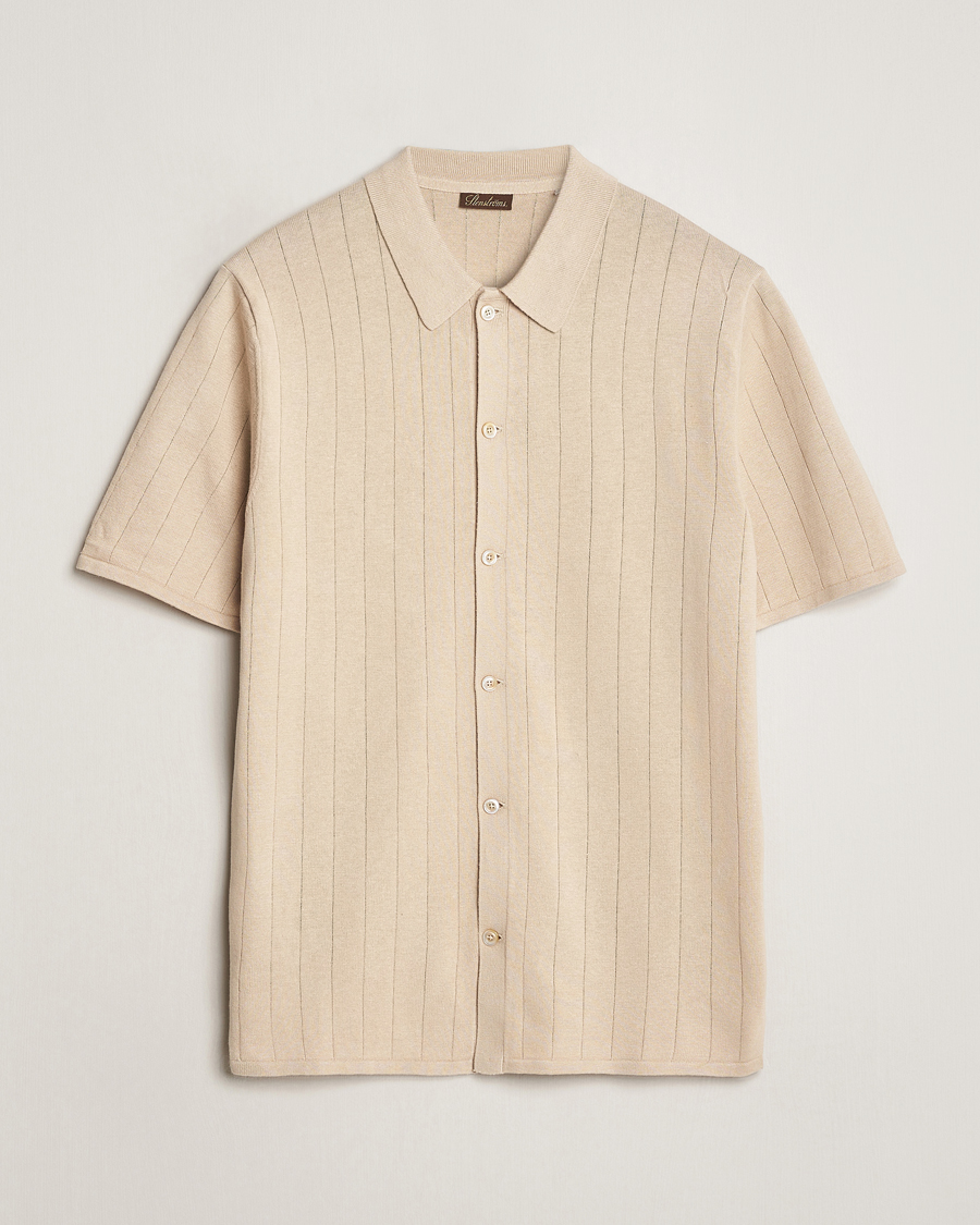 Hombres | Polos | Stenströms | Linen/Cotton Rib Knitted Buttonthru Shirt Beige