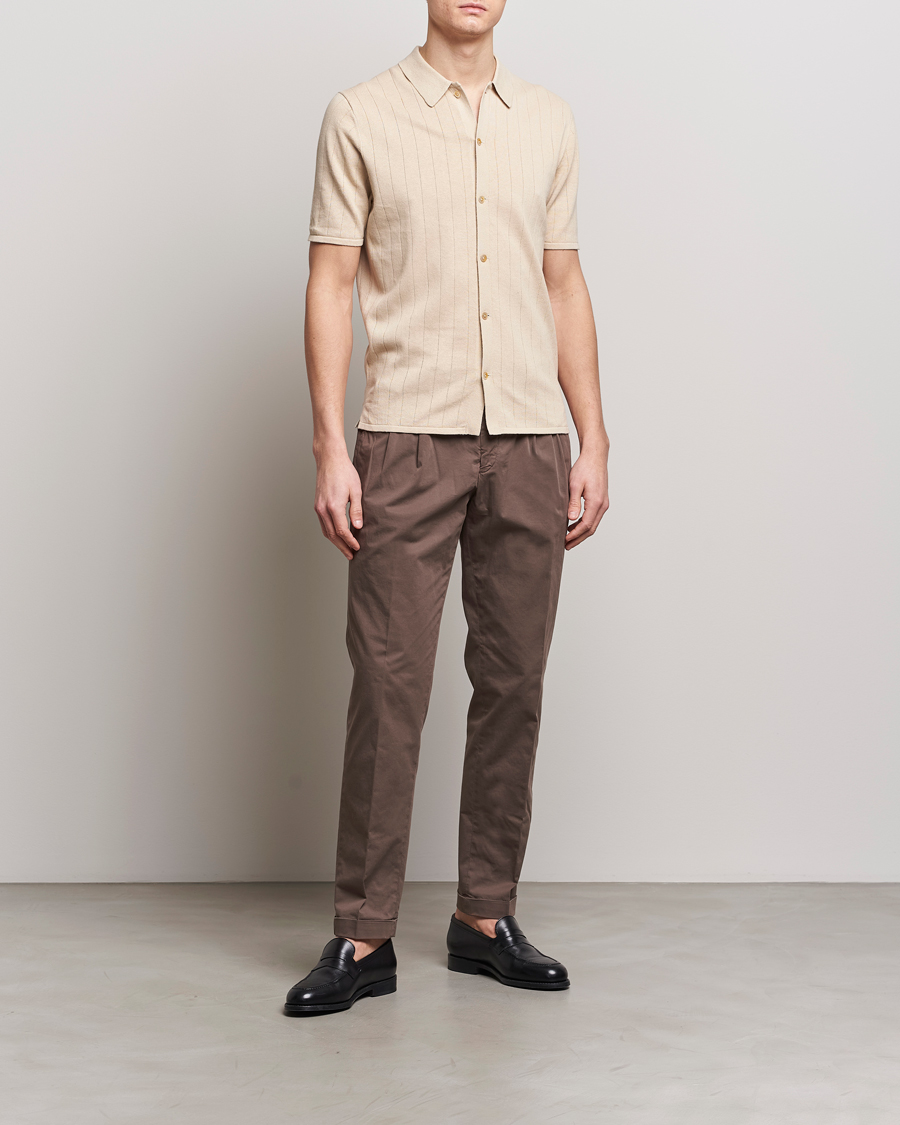 Hombres | Polos | Stenströms | Linen/Cotton Rib Knitted Buttonthru Shirt Beige