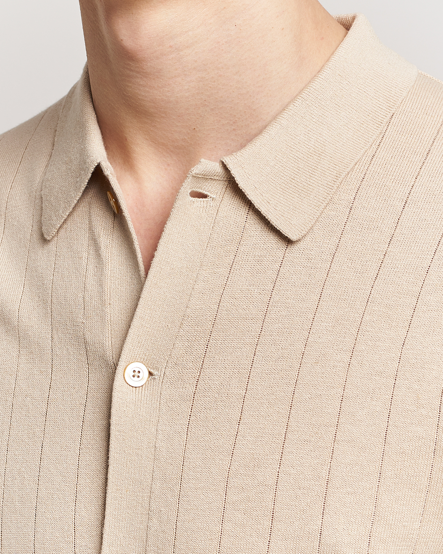 Hombres | Polos | Stenströms | Linen/Cotton Rib Knitted Buttonthru Shirt Beige