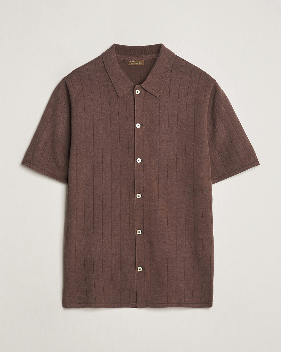 Hombres | Polos | Stenströms | Linen/Cotton Rib Knitted Buttonthru Shirt Brown