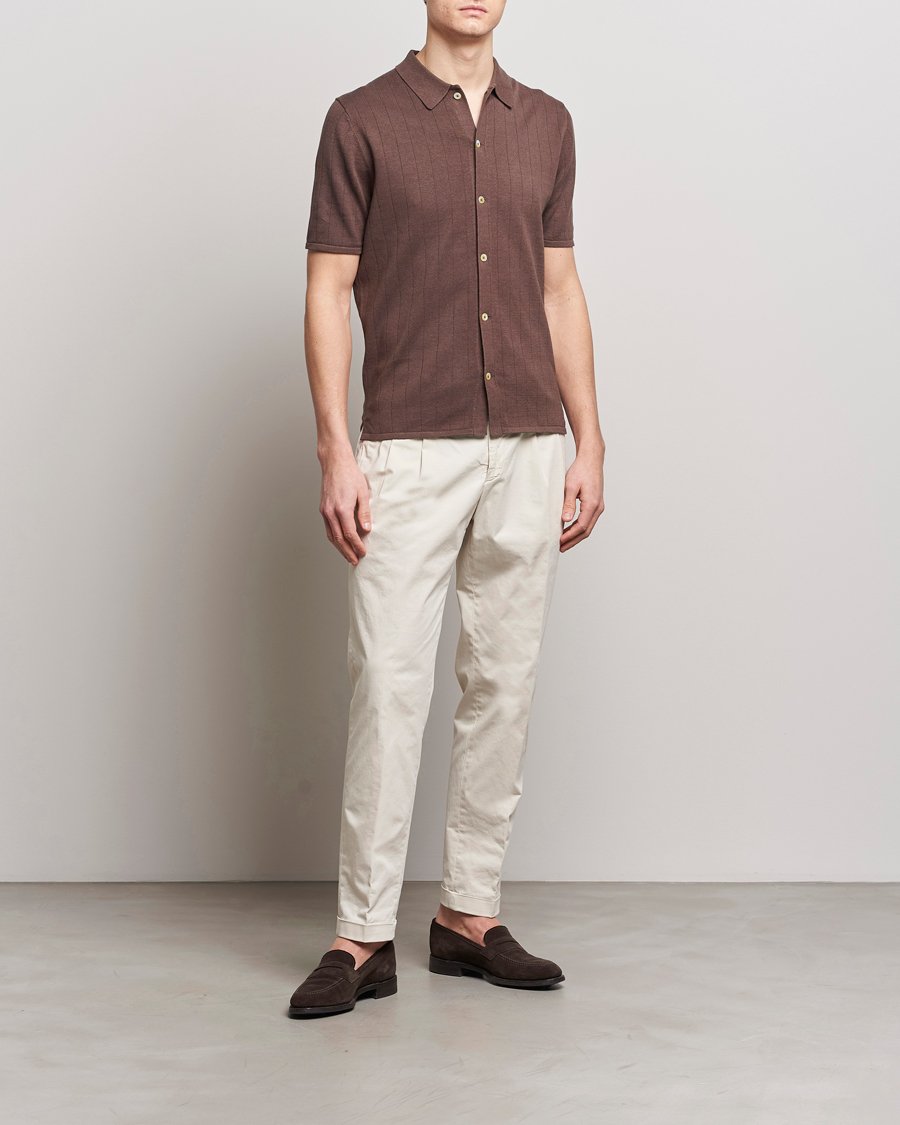 Hombres | Polos | Stenströms | Linen/Cotton Rib Knitted Buttonthru Shirt Brown