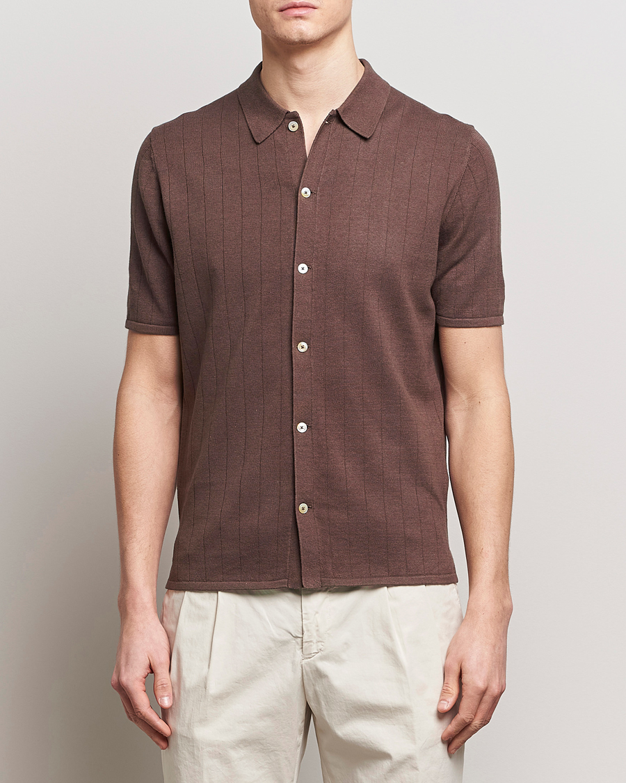 Hombres | Polos | Stenströms | Linen/Cotton Rib Knitted Buttonthru Shirt Brown