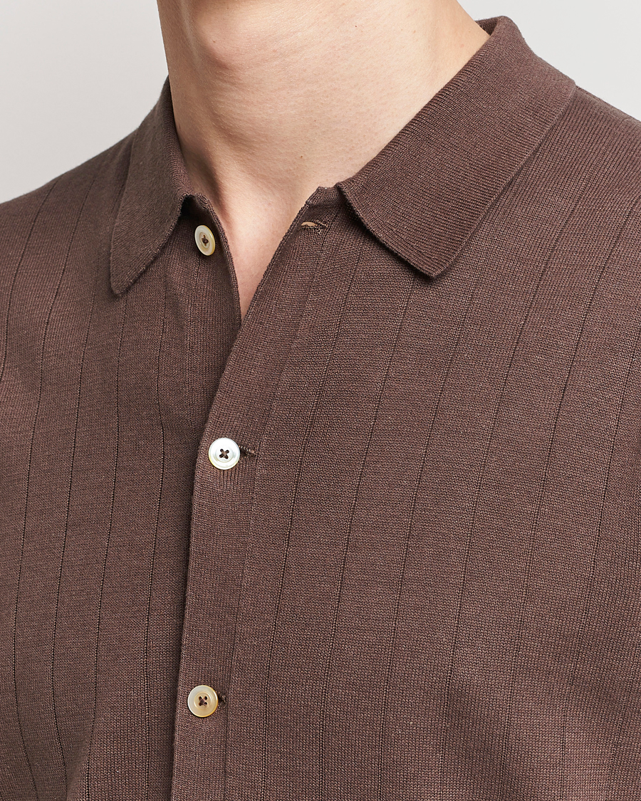 Hombres | Polos | Stenströms | Linen/Cotton Rib Knitted Buttonthru Shirt Brown