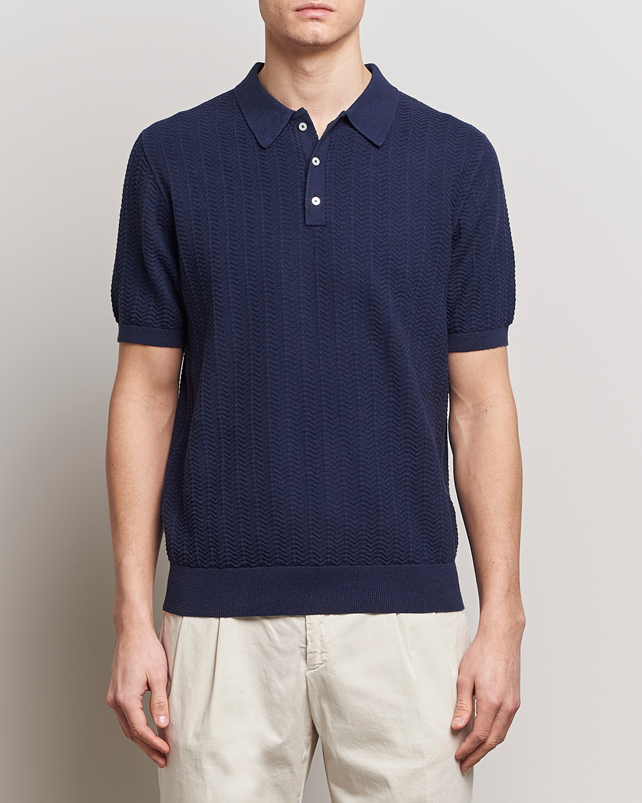 Hombres | Polos | Stenströms | Linen/Cotton Crochet Knitted Polo Shirt Navy