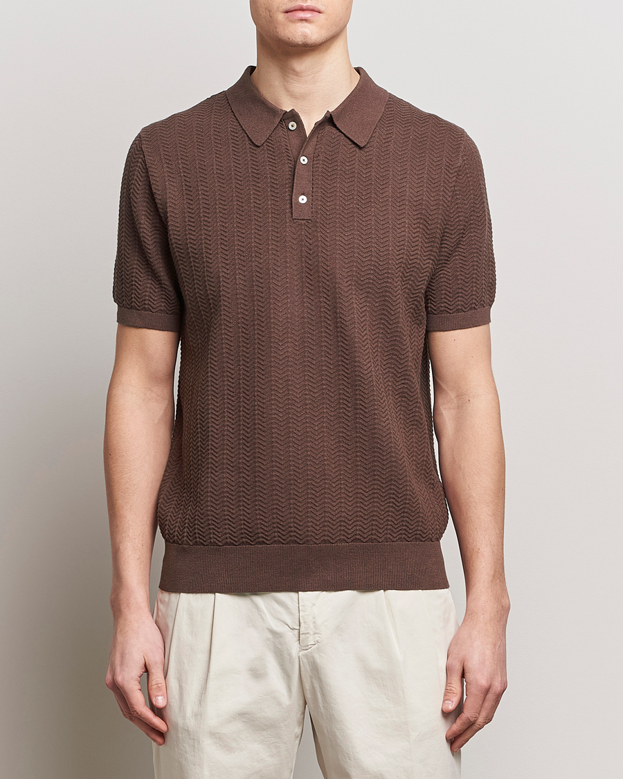 Hombres | Camisas polo de manga corta | Stenströms | Linen/Cotton Crochet Knitted Polo Shirt Brown