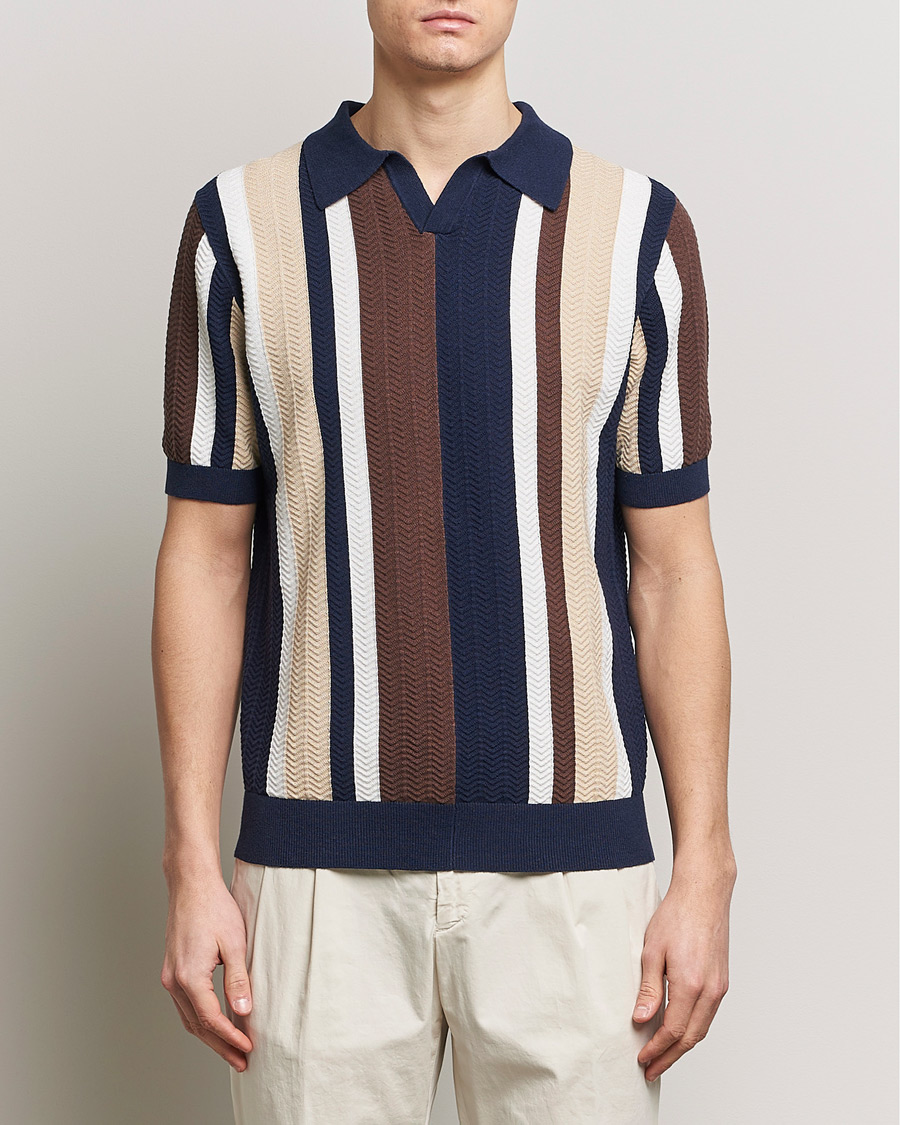Hombres | Polos | Stenströms | Linen/Cotton Striped Crochet Knitted Polo Multi
