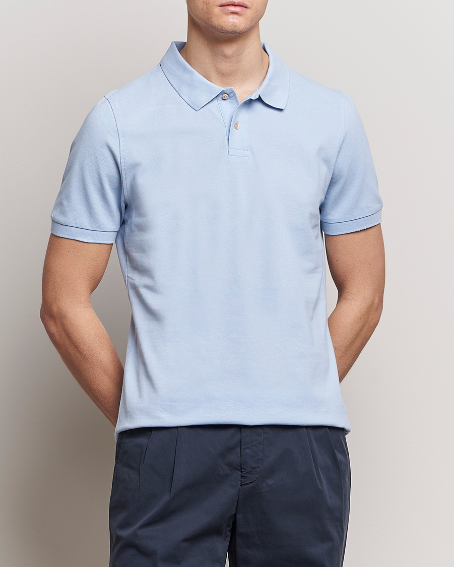 Hombres | Polos | Stenströms | Organic Cotton Piquet Polo Shirt Light Blue