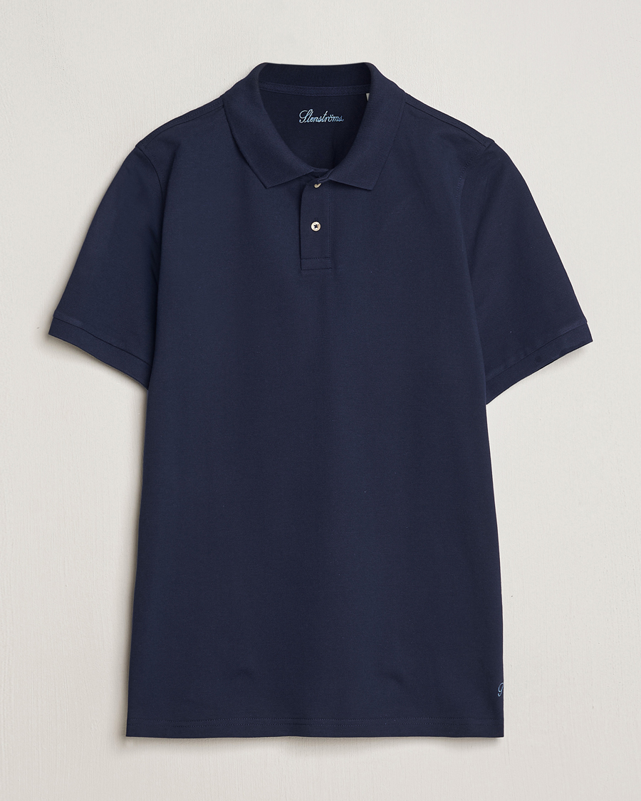 Hombres | Polos | Stenströms | Organic Cotton Piquet Polo Shirt Navy