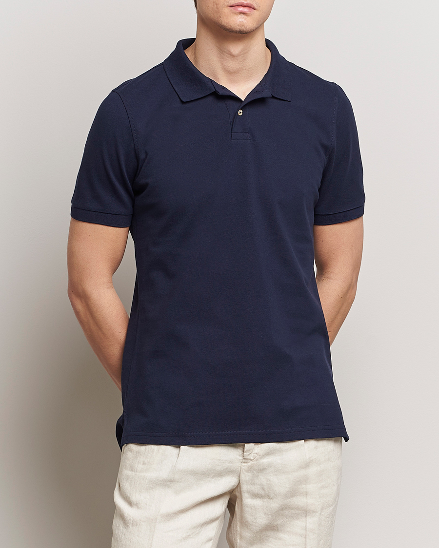 Hombres | Camisas polo de manga corta | Stenströms | Organic Cotton Piquet Polo Shirt Navy