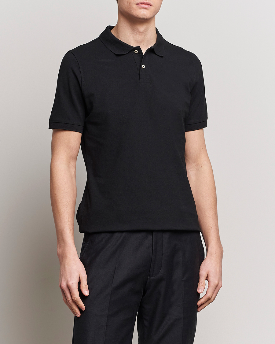 Hombres | Camisas polo de manga corta | Stenströms | Organic Cotton Piquet Polo Shirt Black