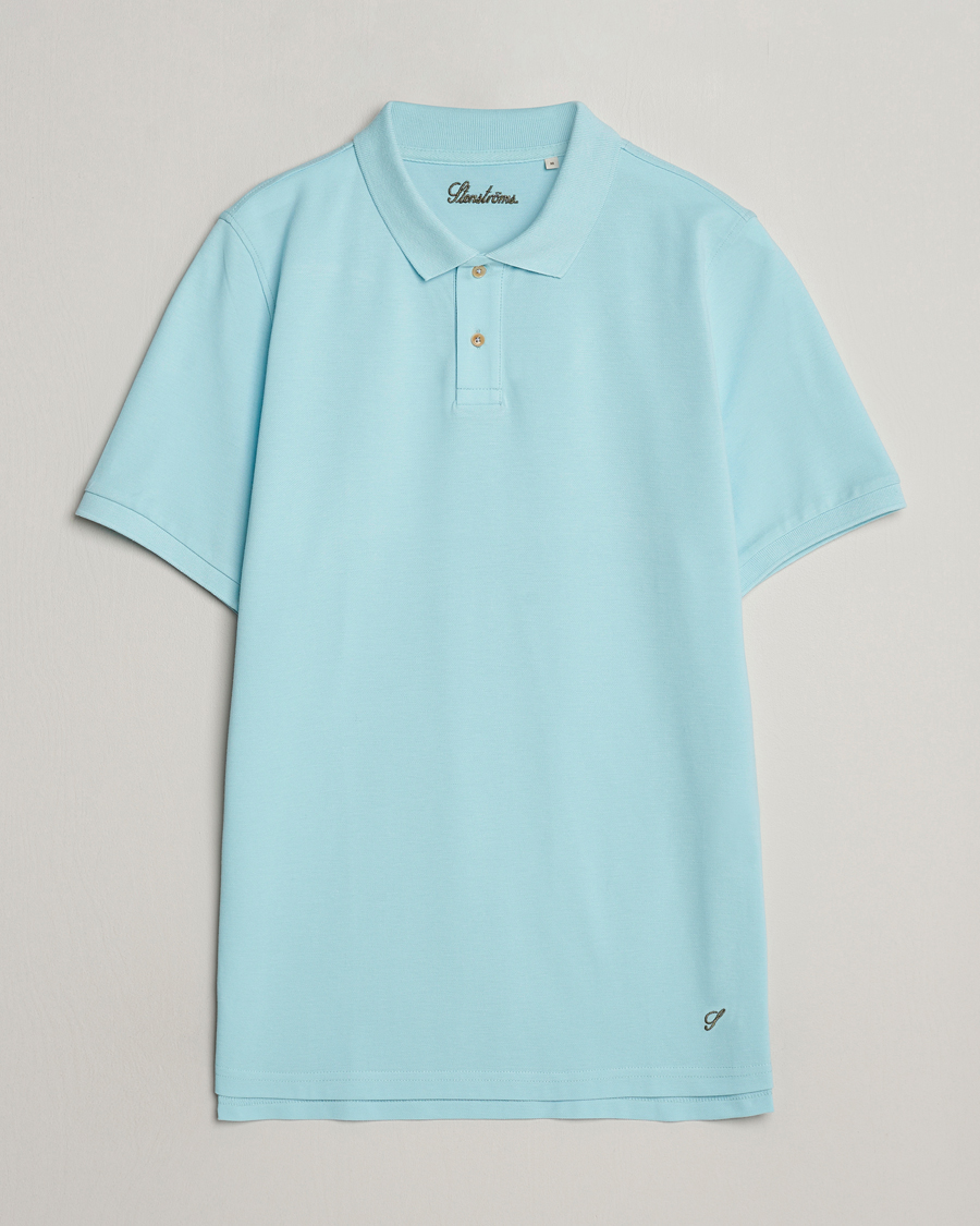 Hombres | Polos | Stenströms | Organic Cotton Piquet Polo Shirt Aqua Blue