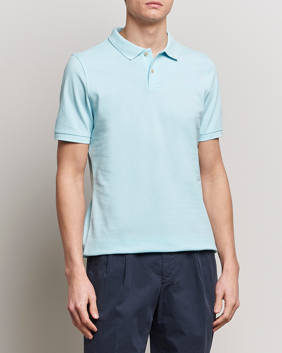 Hombres | Camisas polo de manga corta | Stenströms | Organic Cotton Piquet Polo Shirt Aqua Blue