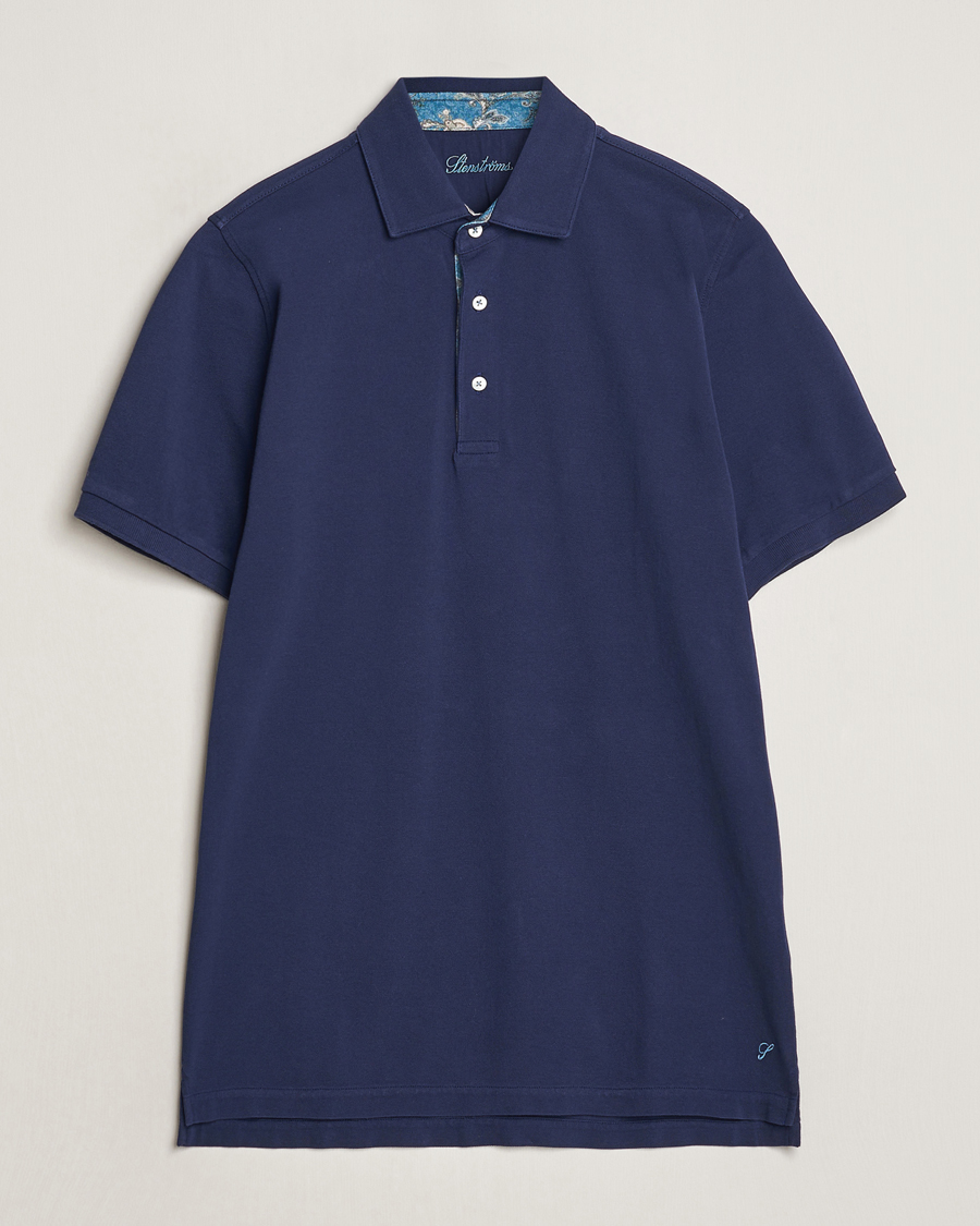 Hombres | Polos | Stenströms | Cotton Pique Contrast Polo Shirt Navy