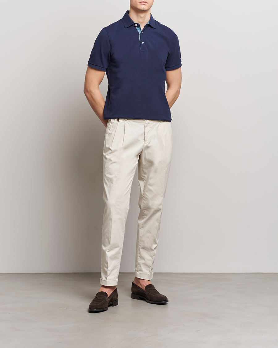 Hombres | Polos | Stenströms | Cotton Pique Contrast Polo Shirt Navy