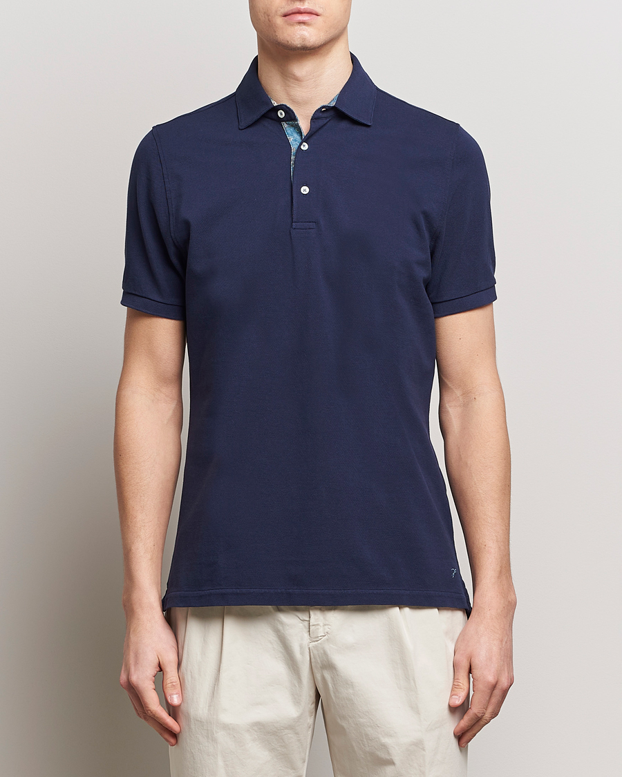 Hombres | Camisas polo de manga corta | Stenströms | Cotton Pique Contrast Polo Shirt Navy