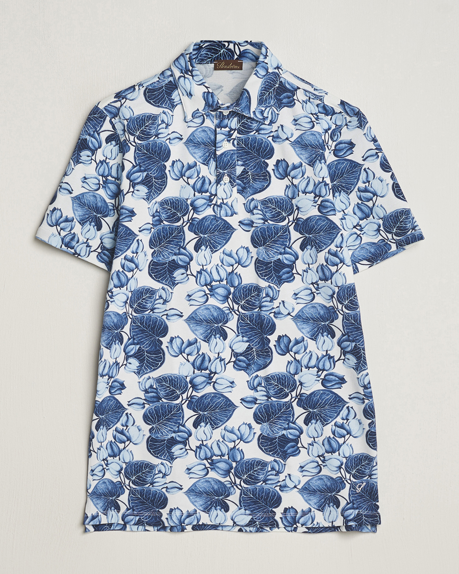 Hombres | Polos | Stenströms | Cotton Pique Printed Polo Shirt Blue