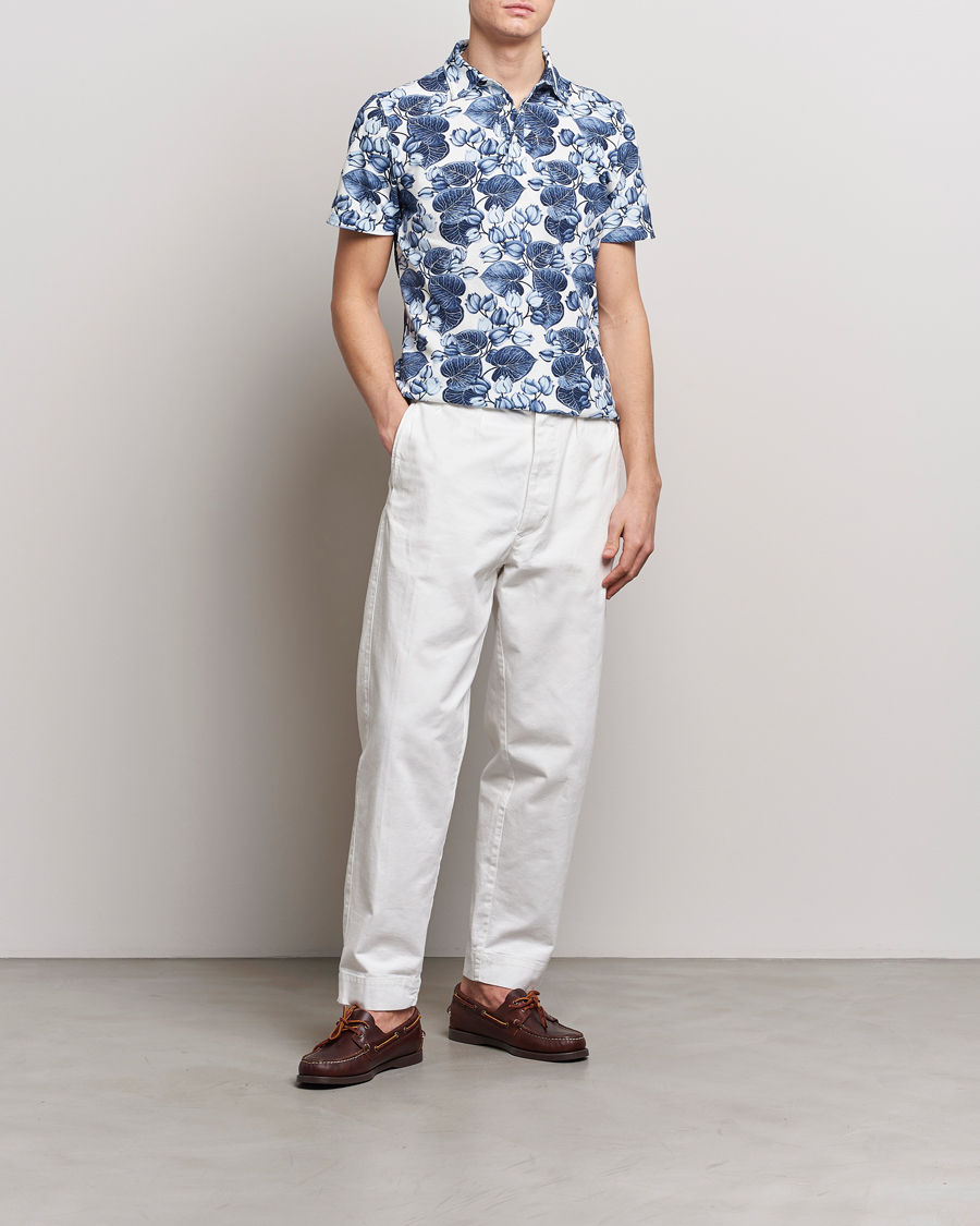 Hombres | Polos | Stenströms | Cotton Pique Printed Polo Shirt Blue