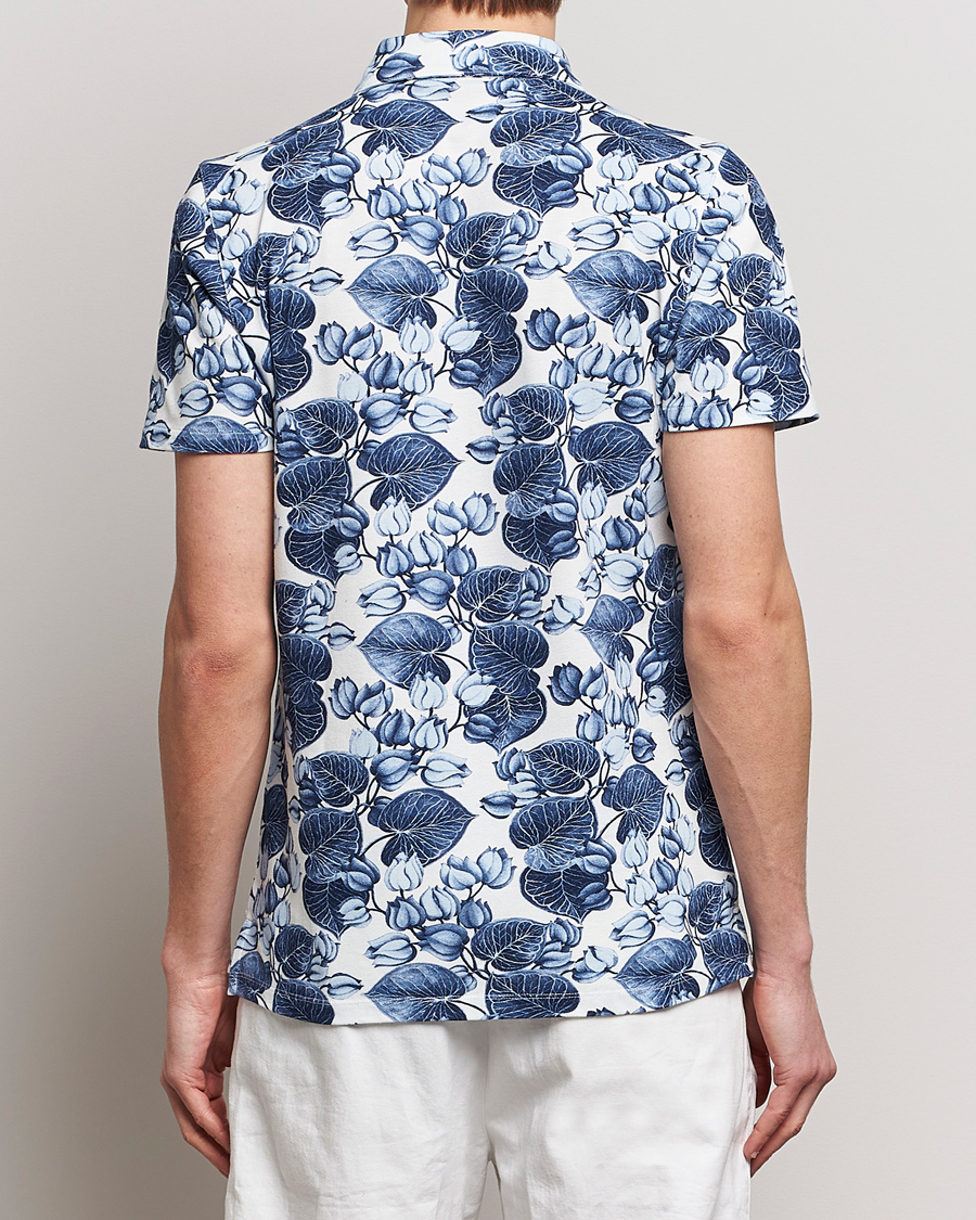 Hombres | Polos | Stenströms | Cotton Pique Printed Polo Shirt Blue