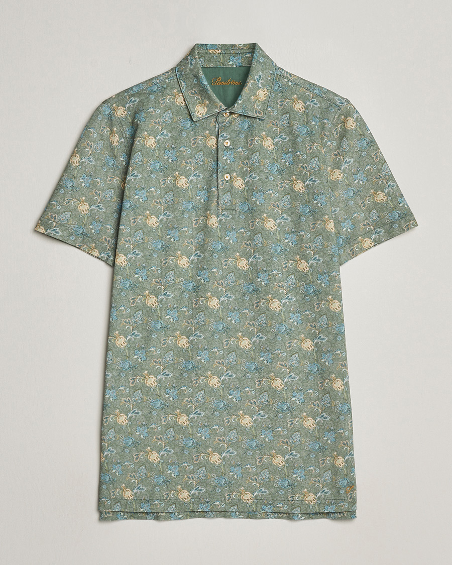 Hombres | Polos | Stenströms | Cotton Pique Paisley Printed Polo Shirt Green