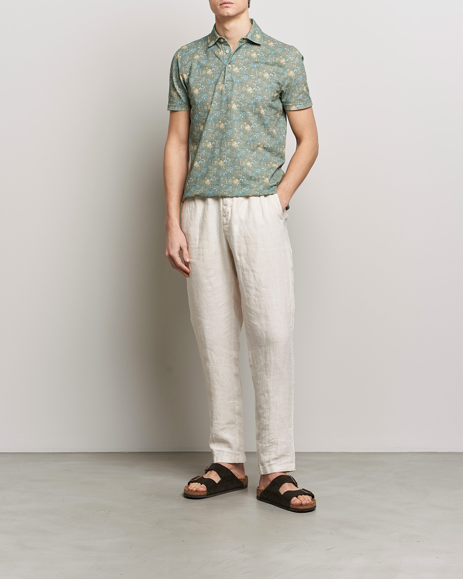 Hombres | Polos | Stenströms | Cotton Pique Paisley Printed Polo Shirt Green