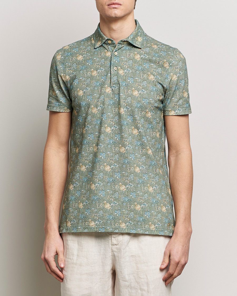 Hombres | Polos | Stenströms | Cotton Pique Paisley Printed Polo Shirt Green