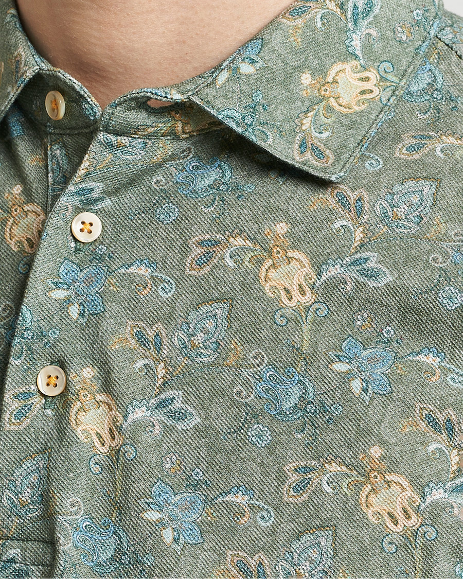 Hombres | Polos | Stenströms | Cotton Pique Paisley Printed Polo Shirt Green