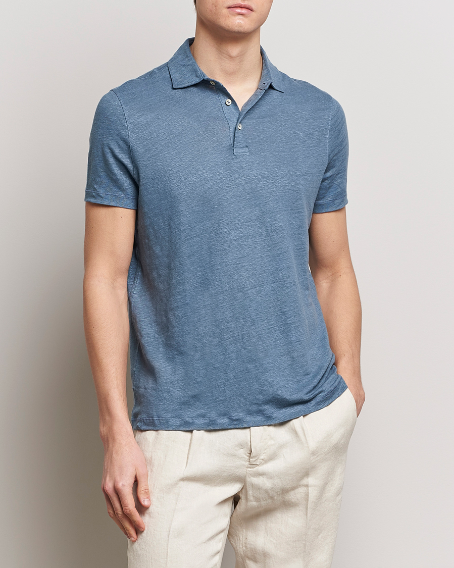 Hombres | Camisas polo de manga corta | Stenströms | Linen Polo Shirt Steel Blue