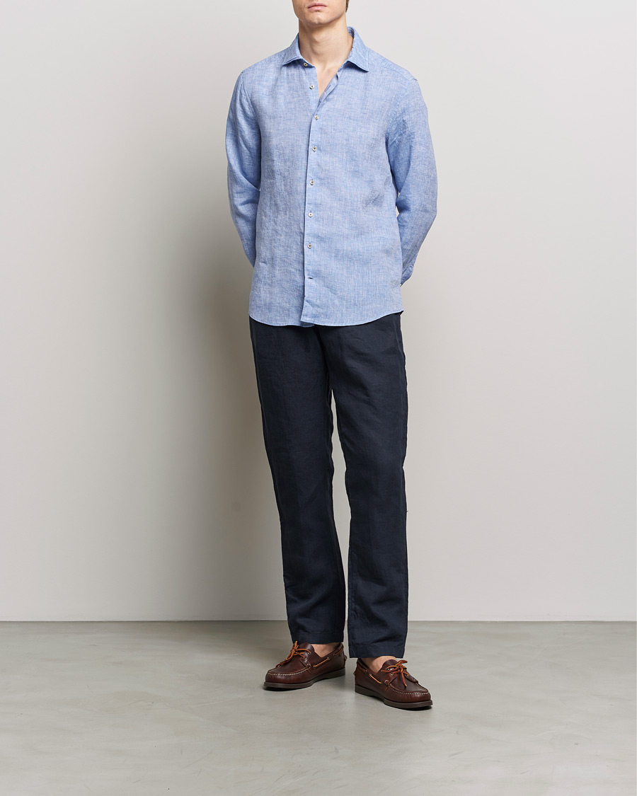 Hombres | Camisas | Stenströms | Slimline Cut Away Linen Shirt Blue