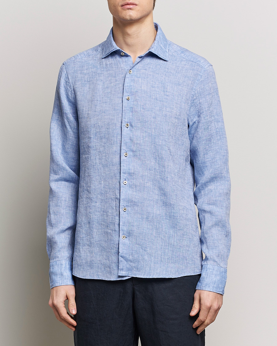 Hombres | Camisas de lino | Stenströms | Slimline Cut Away Linen Shirt Blue