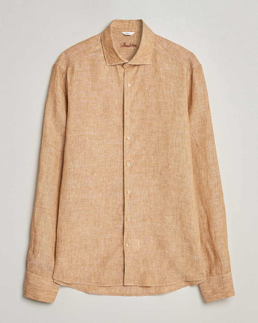Hombres | Camisas | Stenströms | Slimline Cut Away Linen Shirt Brown