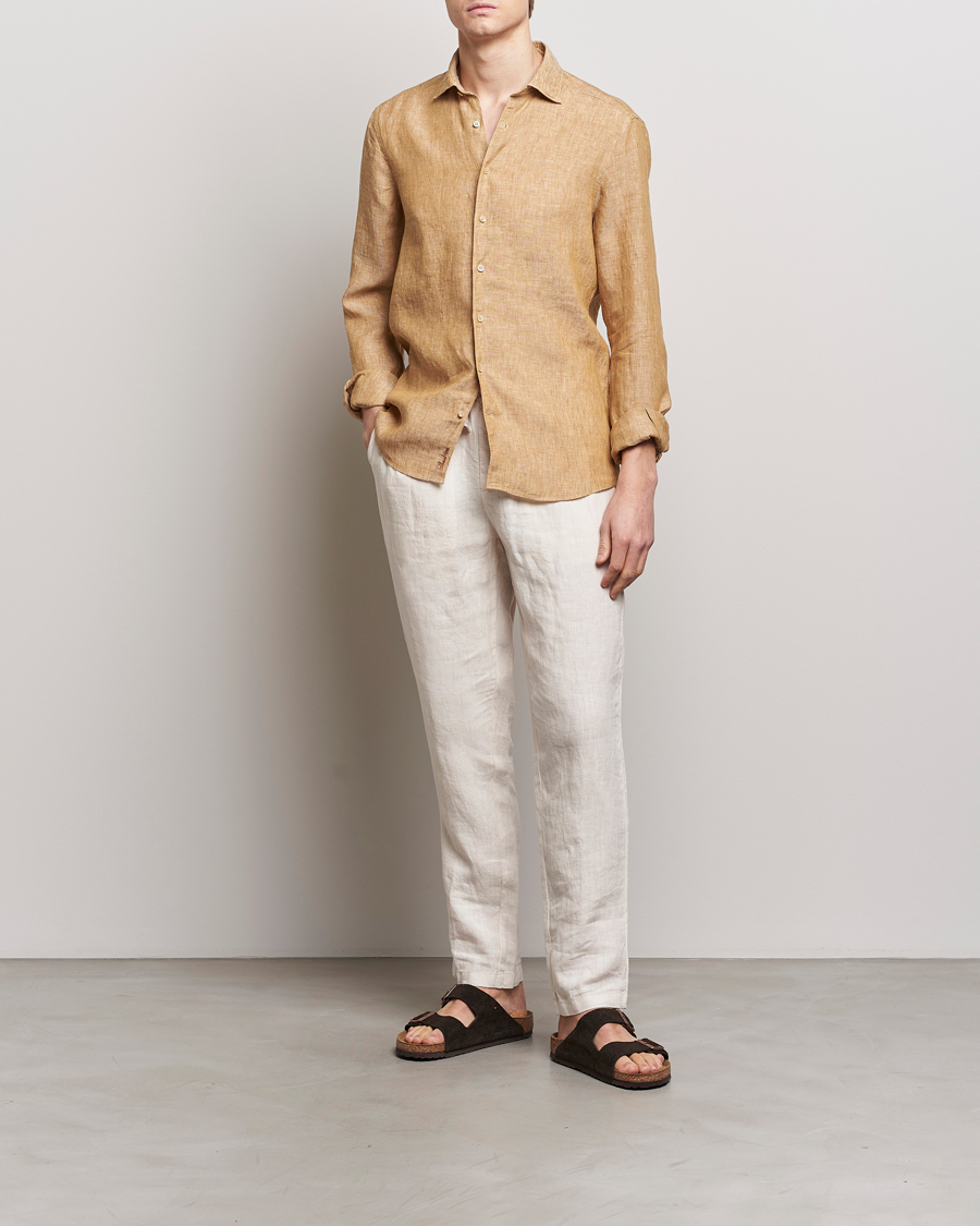 Hombres | Camisas | Stenströms | Slimline Cut Away Linen Shirt Brown