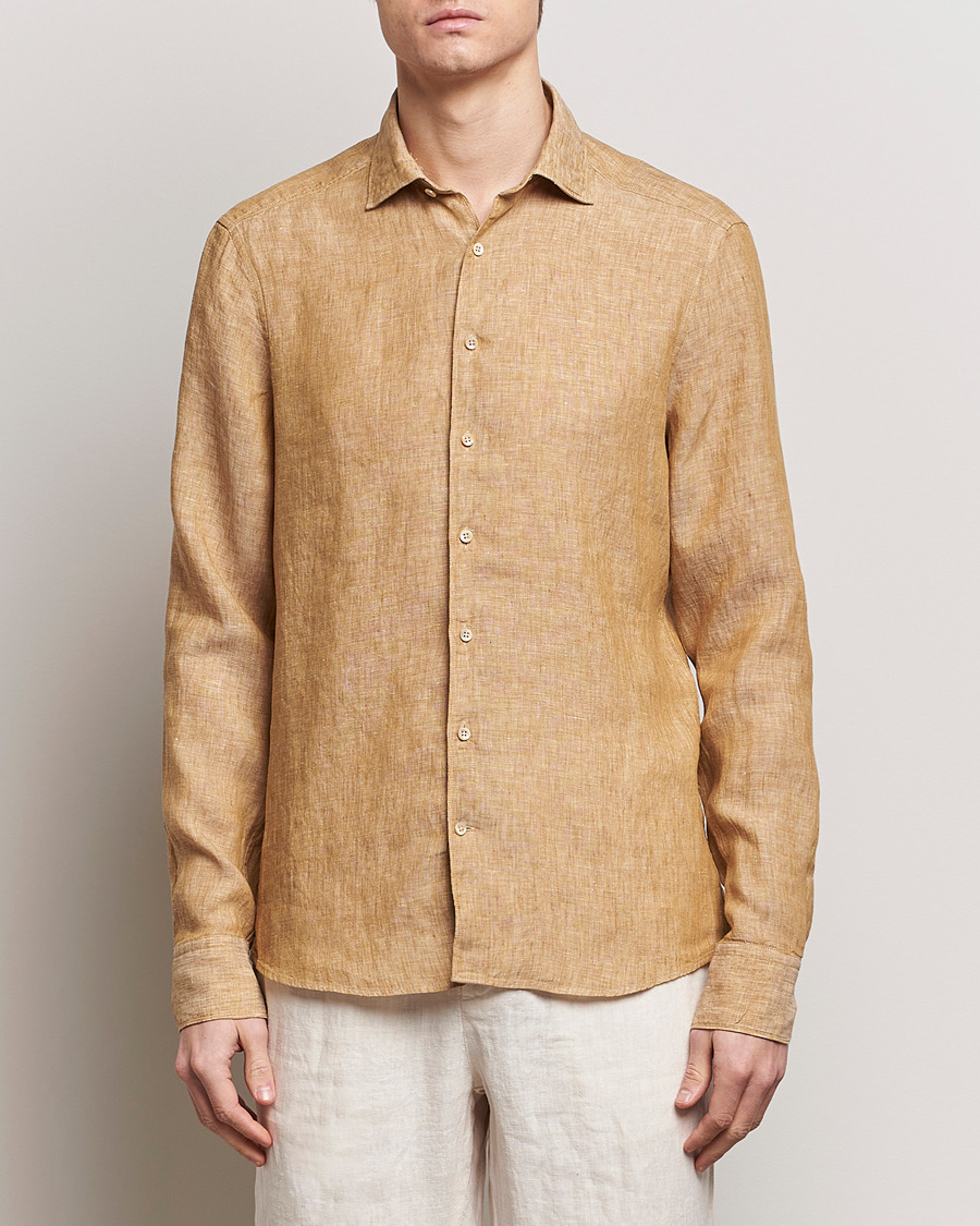 Hombres | Camisas de lino | Stenströms | Slimline Cut Away Linen Shirt Brown